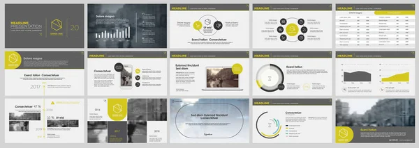 Modelo de apresentação, elementos infográficos amarelos e pretos sobre fundo branco. Modelo de slide vetorial para apresentações de projetos de negócios e marketing . — Vetor de Stock
