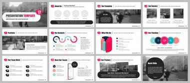 Sunum şablonu, beyaz arka planda kırmızı minimalist bilgi grafiği öğeleri. İş proje sunumları ve pazarlama için vektör slayt şablonu.