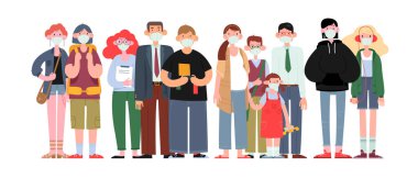 Farklı yaşlarda ve farklı cilt renginde insanlar tıbbi maske takıyor. Covid-19 salgını sırasında insanların solunum koruması. Covid19 Karantina. Çizgi film Vektör İllüstrasyonu