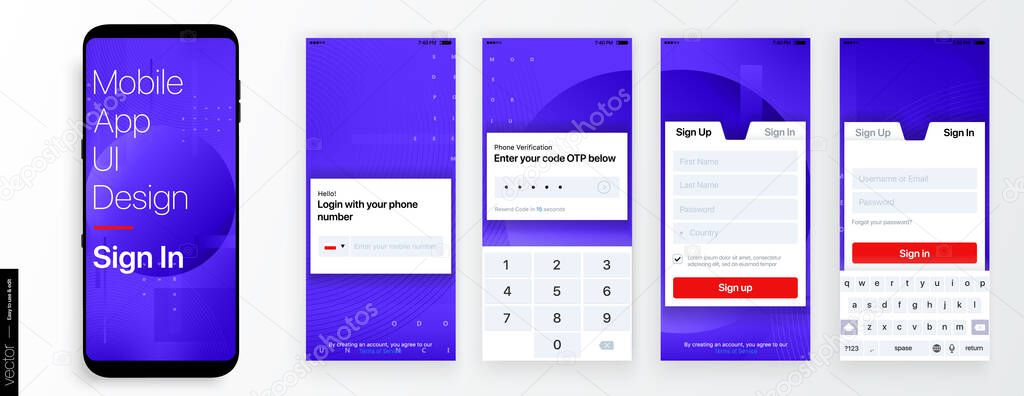 Design of the Mobile Application UI, UX. Set of GUI Screens with Login and Password input, Sign In and Sign Up