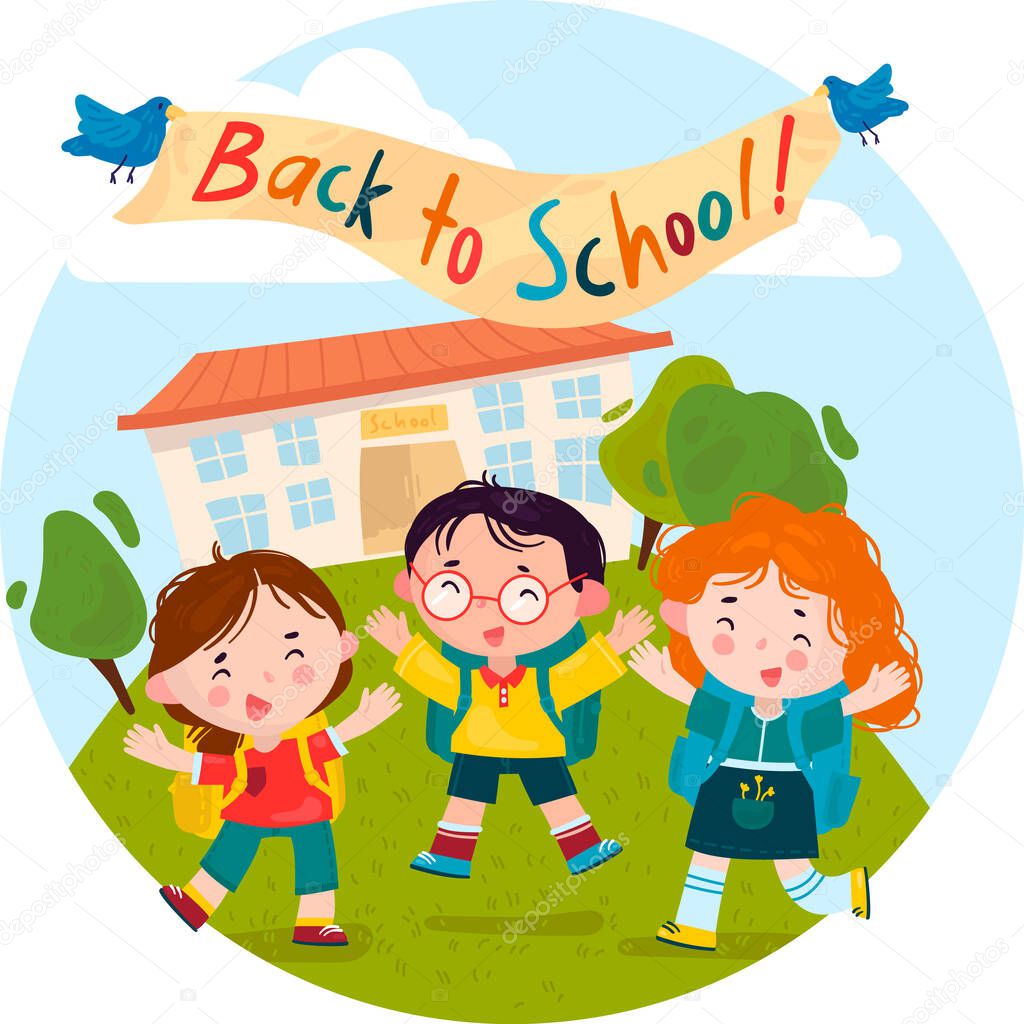 Welcome back to school. Children rejoice and jump with happiness on the lawn against the background of the school. Cartoon Vector Illustration