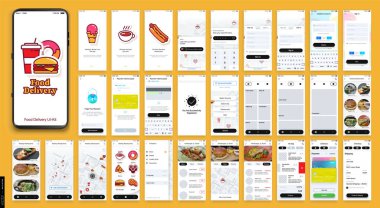 Yemek teslimatı. Mobil Uygulamanın Tasarımı, UI, UX. Giriş ve Parola girdisi olan Arayüz Ekranları kümesi ve Menü, Araç, Ödeme ve Teslim İzleme Aracı, Ekle.
