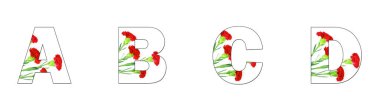 Beyaz arka plan üzerinde karanfil çiçek çiçek yazı tipi alfabe A'dan Z'ye yapılmış