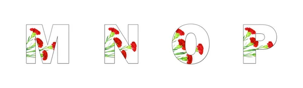 Bloem Lettertype Alfabet Gemaakt Van Carnation Bloemen Witte Achtergrond — Stockfoto