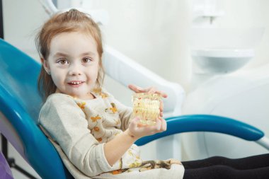 Çocuk diş hekimi sandalyede yapay insan çenesi çalış