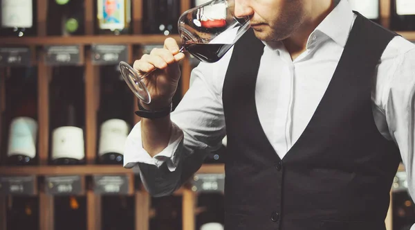 Close-up de homem sommelier cheirando vinho em vidro — Fotografia de Stock