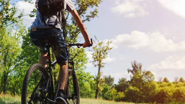 Young Man Rides Bicycle Country Roads Close Copy Space — Stock Photo, Image