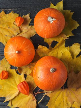 Şükran Günü arkaplanı, portakal kabakları ve koyu ahşap arka planda sonbahar yaprakları.