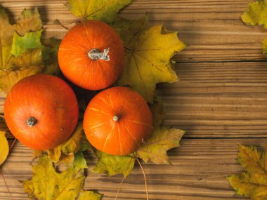 Koyu ahşap arka planda birkaç portakal kabağı ve sonbahar yaprakları. Şükran Günü