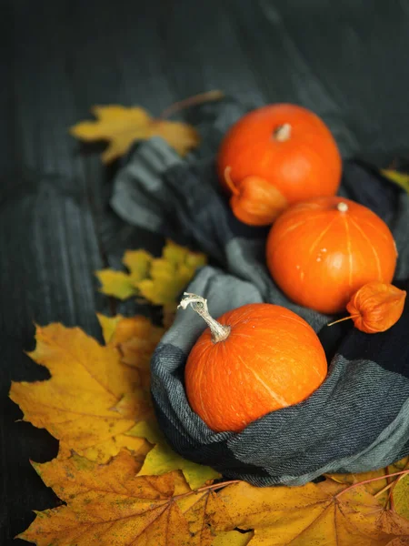 Background Thanksgiving Beautiful Orange Pumpkins Autumn Foliage Dark Wooden Background — Stock Photo, Image