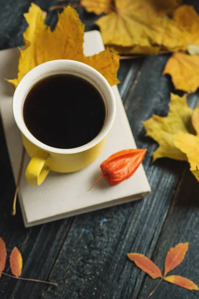 Yellow Coffee Mug Book Dark Wooden Table Autumn Scarf Leaves — Stock Photo, Image