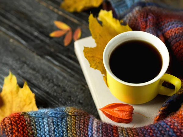 Sonbahar rahatlığı. Renkli bir atkıyla bir kupa sıcak kahve ahşap arka planda renkli sonbahar yapraklarıyla fotokopi alanı