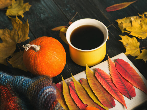 A mug of hot coffee and a book on a dark wooden table with colorful leaves