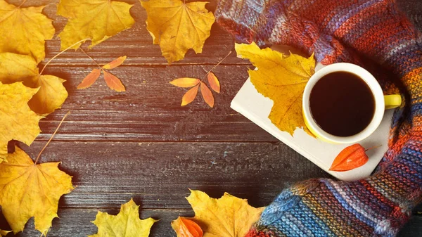 Autumn Comfort Mug Hot Coffee Colorful Scarf Colorful Autumn Leaves — Stock Photo, Image