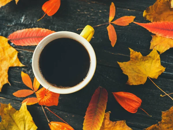 Tazza Caffè Circondata Foglie Colorate Autunnali Sfondo Scuro — Foto Stock