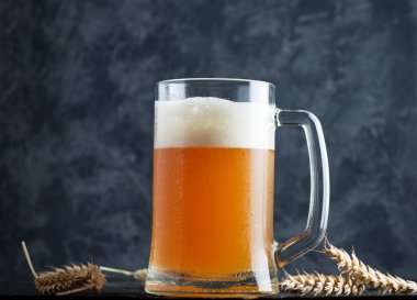 A mug of unfiltered wheat beer on a dark concrete background and ears of wheat clipart