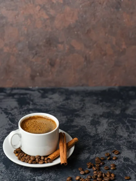 White Espresso Coffee Cup Cinnamon Coffee Beans Dark Concrete Background — Stock Photo, Image