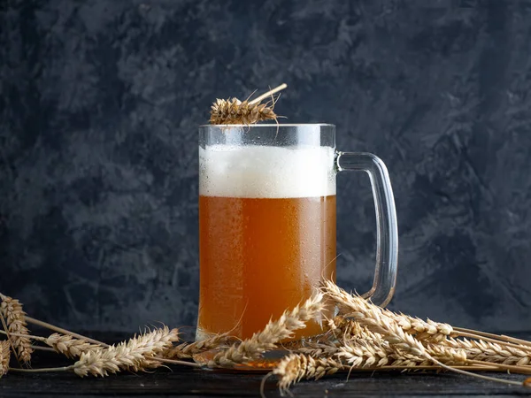 Hrnek Nefiltrovaného Pšeničného Piva Tmavém Betonovém Pozadí Pšeničných Uší — Stock fotografie