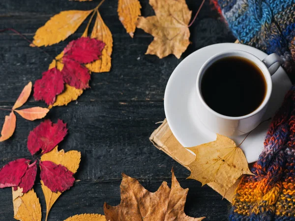 Cup Hot Coffee Wooden Table Knitted Scarf Autumn Leaves — Stock Photo, Image