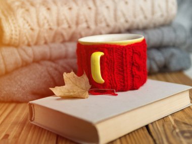 Bir fincan sıcak kahve, sıcak bir kazak ve bir kitap.