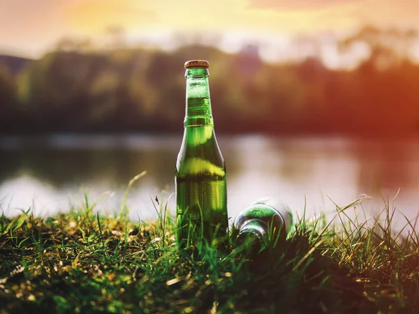 Two bottles of cold beer in the summer in the heat on the beach