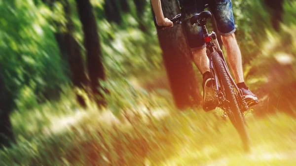 Amateur Cuesta Abajo Través Del Bosque Una Bicicleta Montaña — Foto de Stock