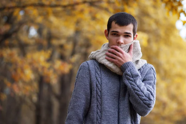 young handsome man in sweater and scarf Snood in autumn Park