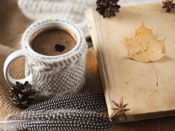 Hot Coffee Mug Plaid Knitted Scarf Cozy Home Morning Book — Stock Photo, Image