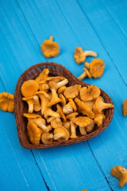 Mavi parlak bir arka planda hasır sepetin içindeki mantarlar.