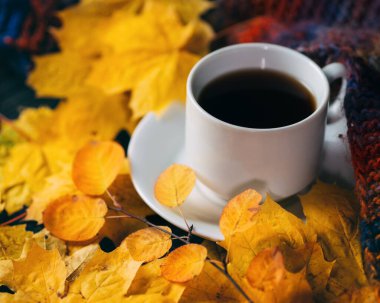 Masanın üzerinde bir fincan kahve, parlak sarı sonbahar akçaağaç yaprakları ve örülmüş bir eşarp.