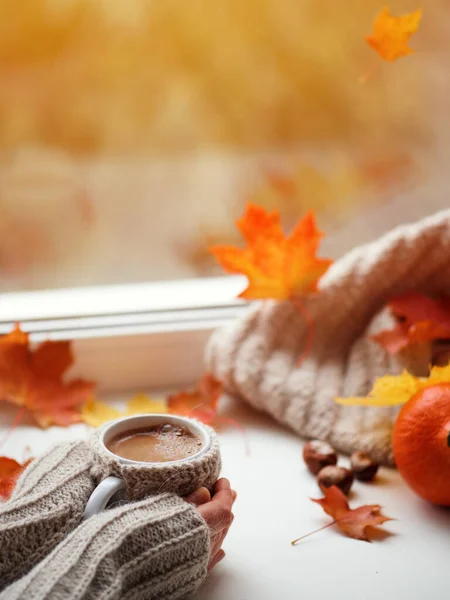 Mani Delle Donne Maglione Tengono Tazzone Caffè Caldo Finestra Autunno — Foto Stock