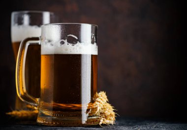 Bir kupa bira ve arka planda bir bira bardağı. Buğday Alman birası. Oktoberfest. koyu kahverengi Telif Alanı arkaplanı