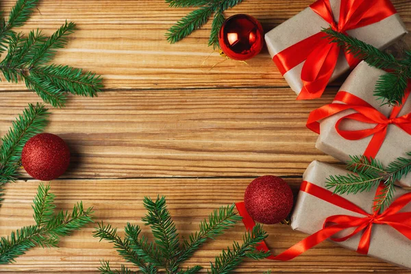 Vakantie Geschenken Dozen Voor Kerstmis Nieuwjaar Houten Oude Tafel — Stockfoto