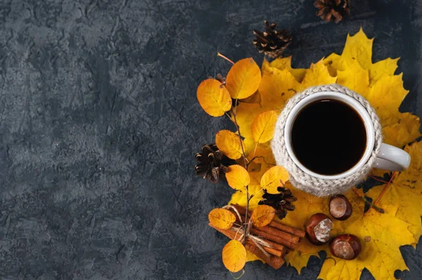 Cup Hot Coffee Knitted Jacket Dark Table Autumn Colorful Foliage — Stock Photo, Image