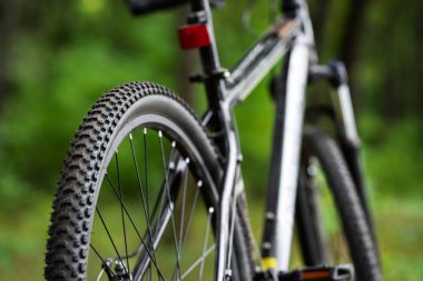 Çamurlu bisiklet lastiğinin yakın çekimi. Dağ bisikletinin arka tekerleği