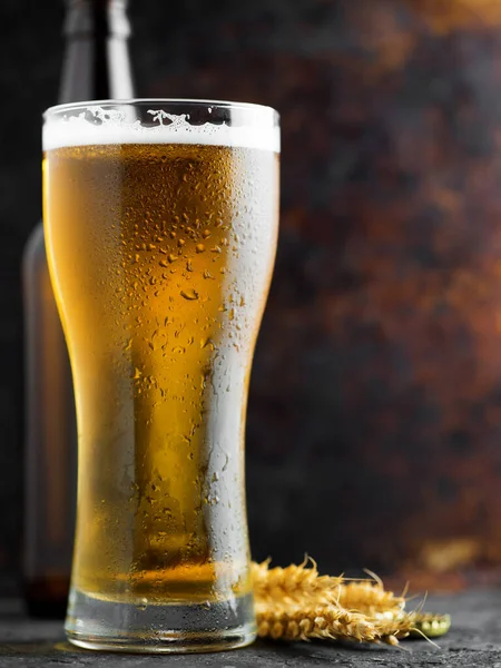 Pintu Světlého Piva Tmavém Pozadí Kapkami Vody — Stock fotografie