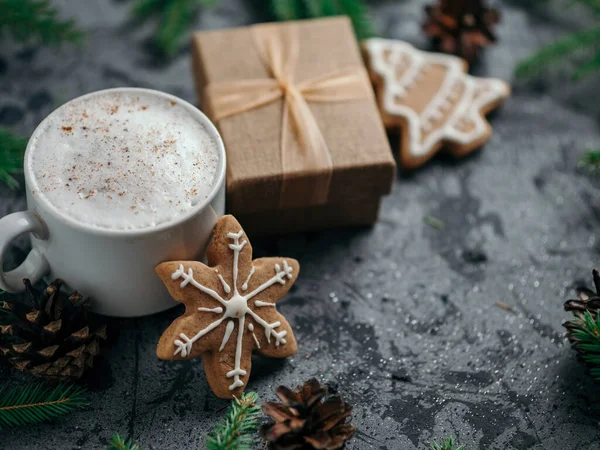 Christmas Coffee Cappuccino Table Silver Shiny Balls Christmas Tree Branches — Stock Photo, Image