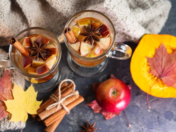 与苹果 茴香同桌的秋冬烈性酒 桑格利亚酒或苹果酒 — 图库照片