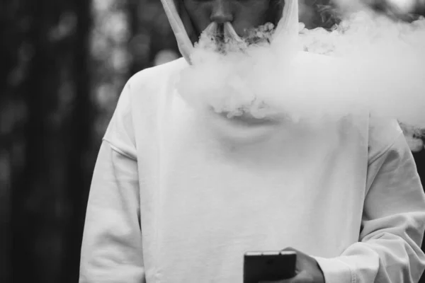 Man Exhales Cloud Steam Black White Photo Vaping Health Problems — Stock Photo, Image