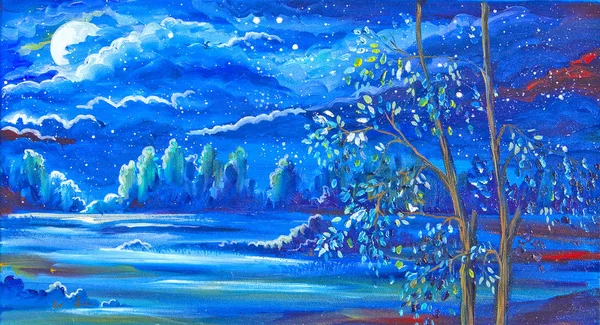 Oil painting. Nature. Bright nature. Nights. Moon