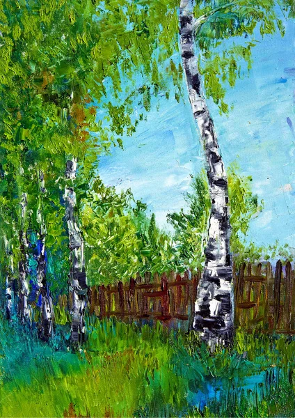 Oil Painting Oil Birch Bright Light — Stock Photo, Image