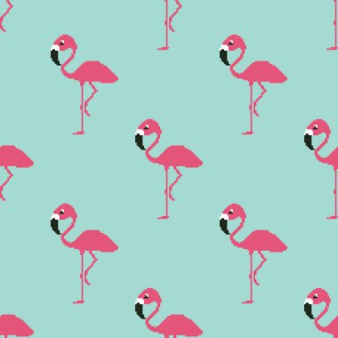 Pembe flamingo vektör çizim seamless modeli. Piksel sanat. 8 bit