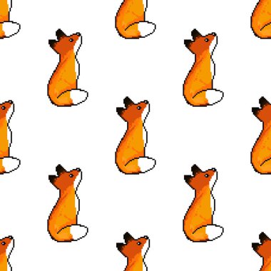 Vektör seamless modeli şirin piksel sanat Fox. Piksel sanat. 8 bit. 