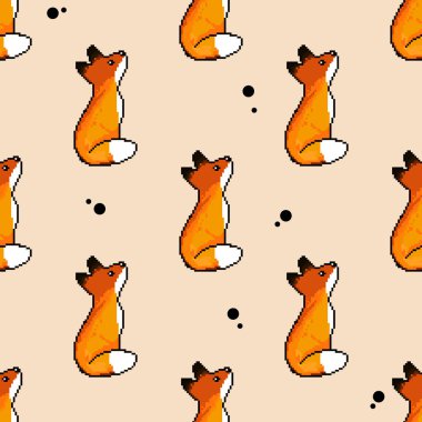 Vektör seamless modeli şirin piksel sanat Fox. Piksel sanat. 8 bit. 