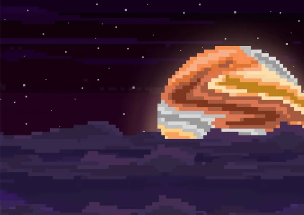 Vektör retro futuristik arka plan. Soyut dijital manzara parçacıklar nokta ve yıldız ufukta. Piksel sanat arka plan. 8 bit.