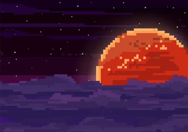 Vektör retro futuristik arka plan. Soyut dijital manzara parçacıklar nokta ve yıldız ufukta. Piksel sanat arka plan. 8 bit.