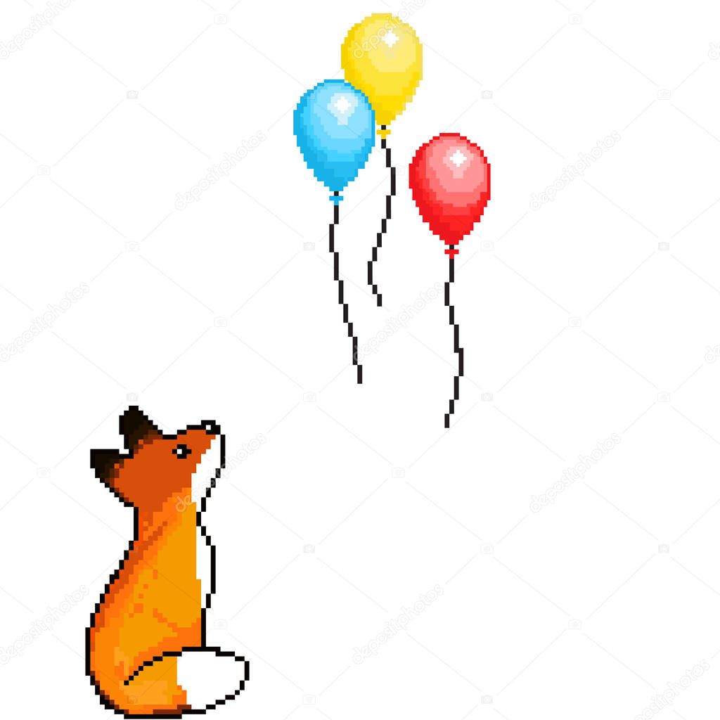Pixel art cute balloons set and cute fox . Vector illustration. Pixel art. 8 bit.