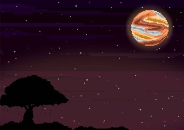 Gezegen ve ağaç piksel arka plan vektör. Piksel sanat arka plan. Piksel gündoğumu veya günbatımı. 80s retro Sci-Fi arka plan. Piksel manzarası şehir. 8 bit.
