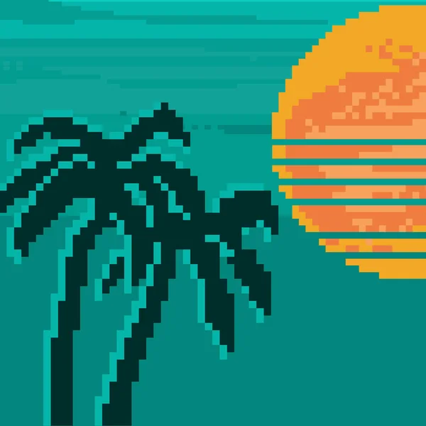 Pixel Art Retro Background Futuristic Landscape 1980S Style Palmiers Soleil — Image vectorielle