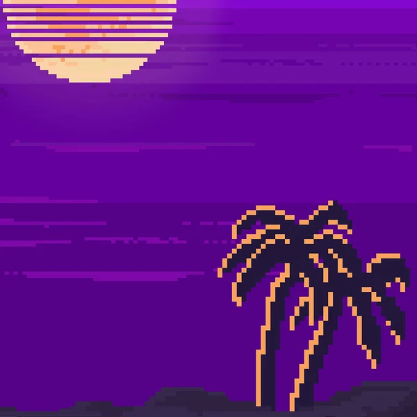 Pixel Art Retro Background Futuristic Landscape 1980S Style Palmiers Soleil — Image vectorielle